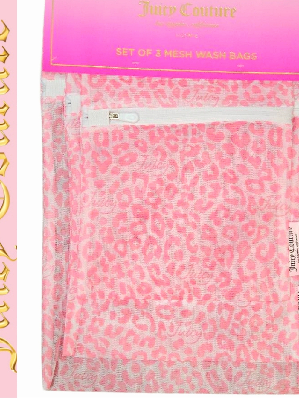 Juicy Couture Home Script Logo Pink Leopord Print Set of 3 Mesh Wash Bags